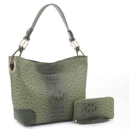 Ostrich & Croc Embossed Hobo Set w/ Wallet