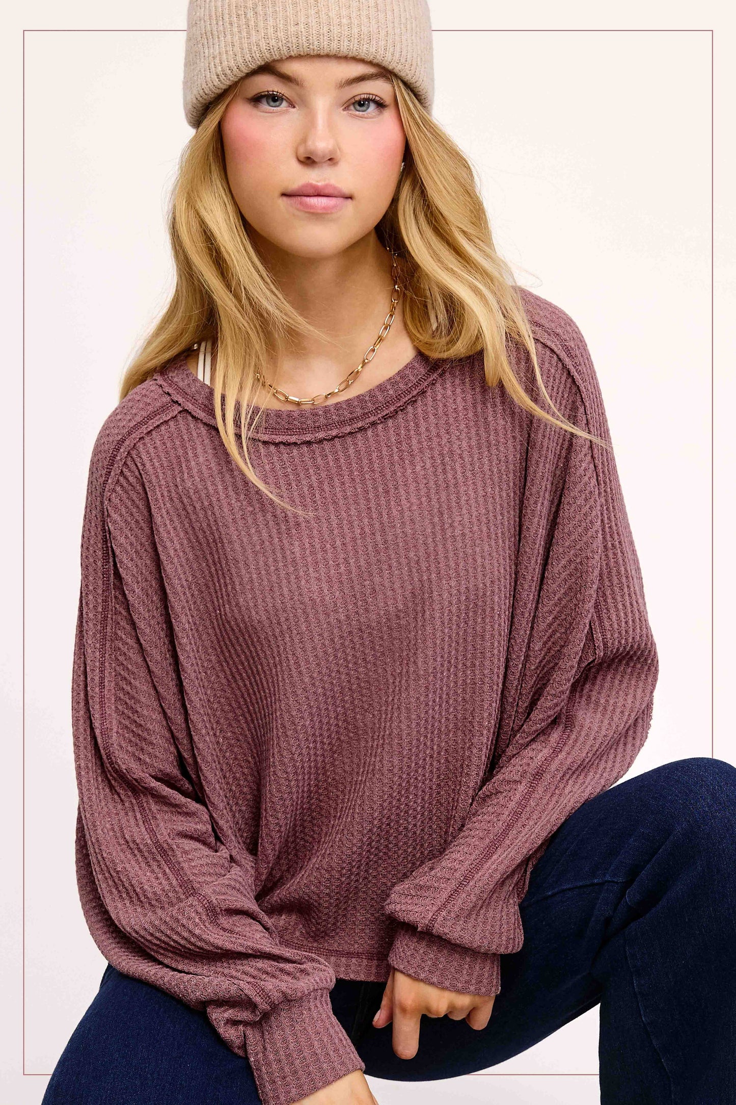 Brushed Waffle Fabric Loose Fit Long Sleeve Top