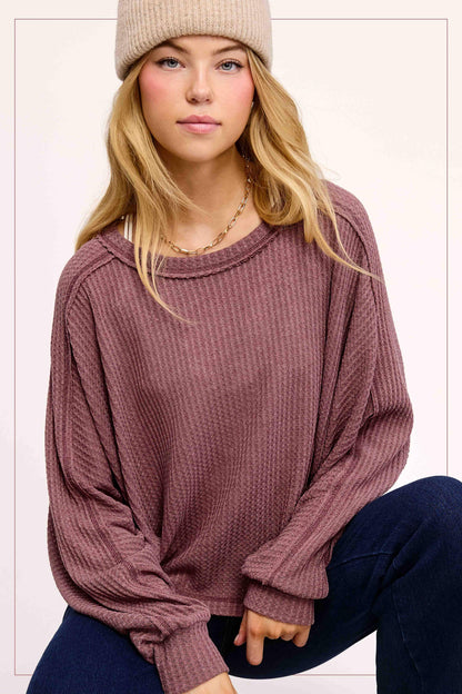 Brushed Waffle Fabric Loose Fit Long Sleeve Top - Southern Sassy Boutique