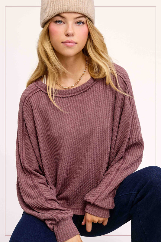 Brushed Waffle Fabric Loose Fit Long Sleeve Top