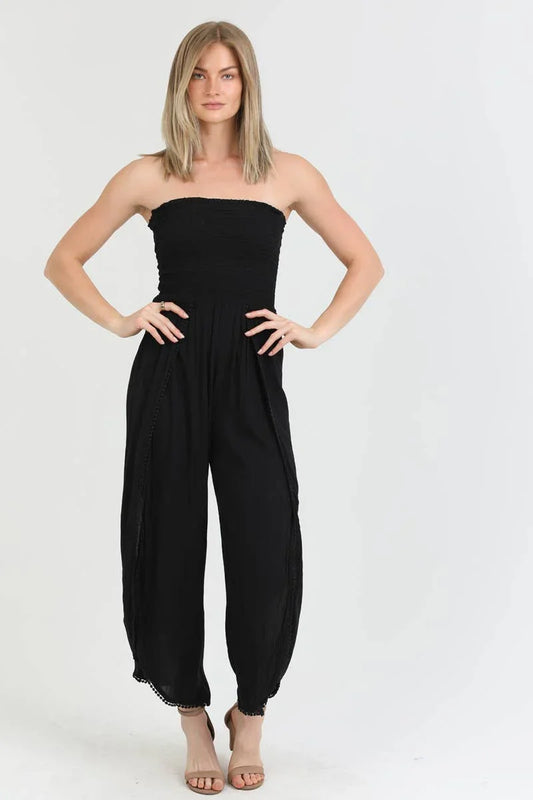 ASIS SMOCKED BODICE STRAPLESS WRAP LEG JUMPSUIT - Southern Sassy Boutique