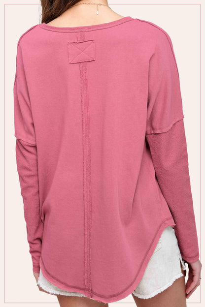 Textured Fabric Contrast Terry Long Sleeve Top - Southern Sassy Boutique