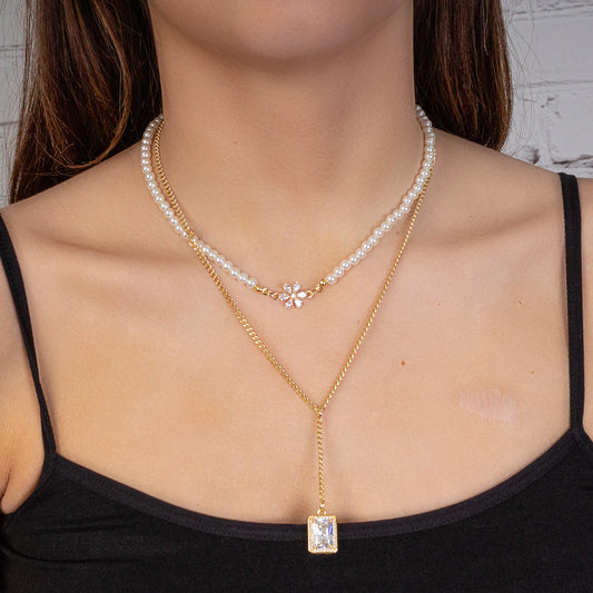 Rhinestone & Pearl Layered Necklace