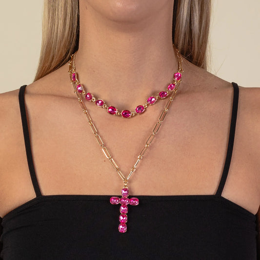 Rhinestone Layered Cross Necklace