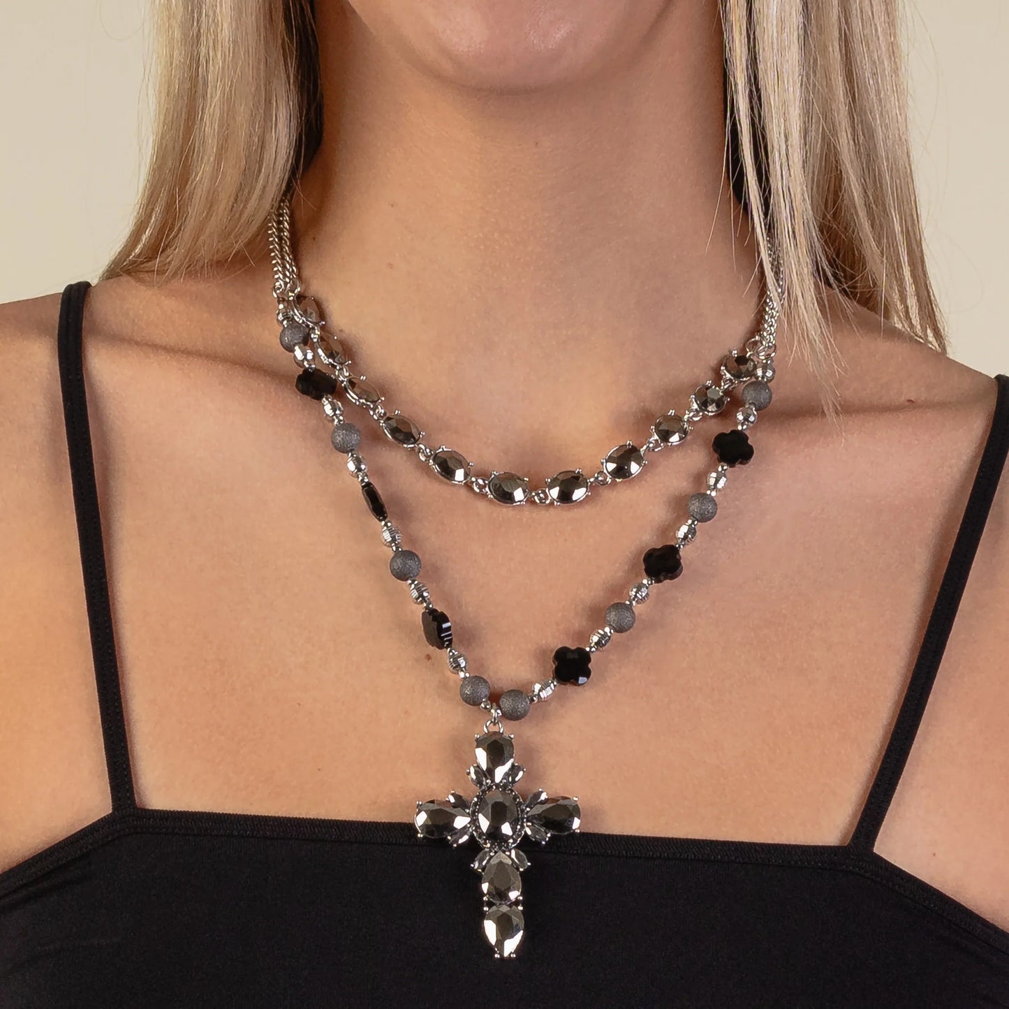 Layered Cross Rhinestone Necklace