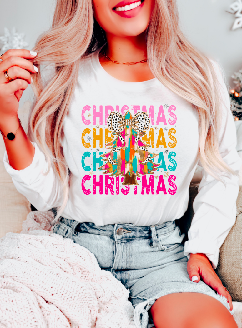 Preppy Watercolor Christmas Stacked Coquette Long Sleeve Tee - Southern Sassy Boutique