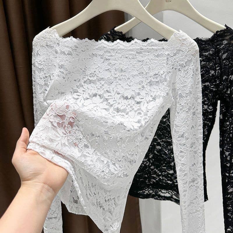 Off the shoulder Sheer Mesh Floral Lace Layering fitted Top - Southern Sassy Boutique