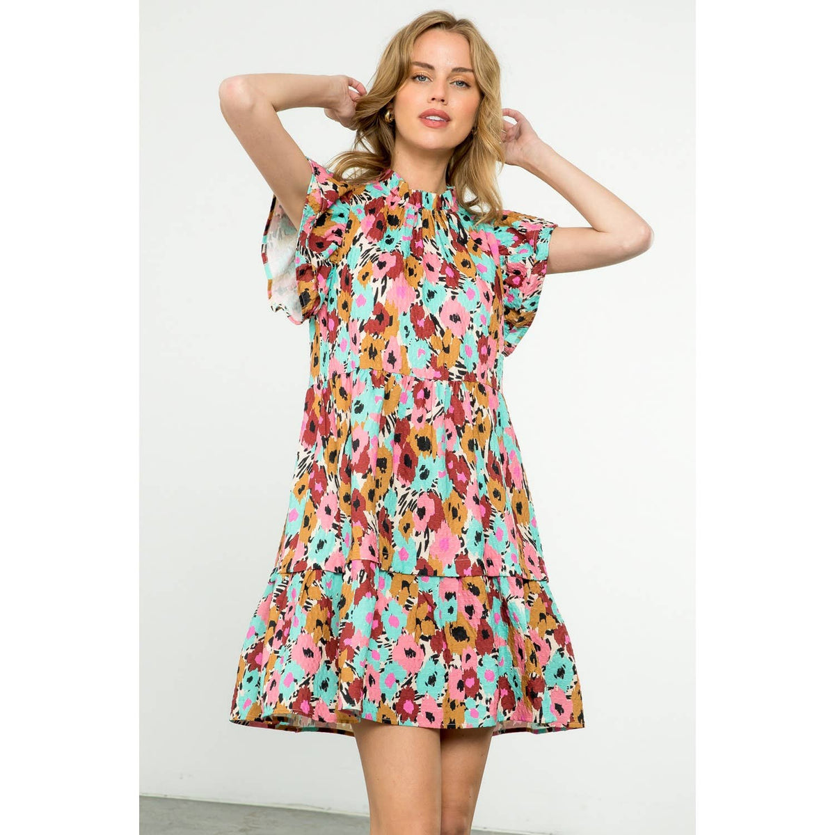 Flutter Sleeve Tiered Print Dress