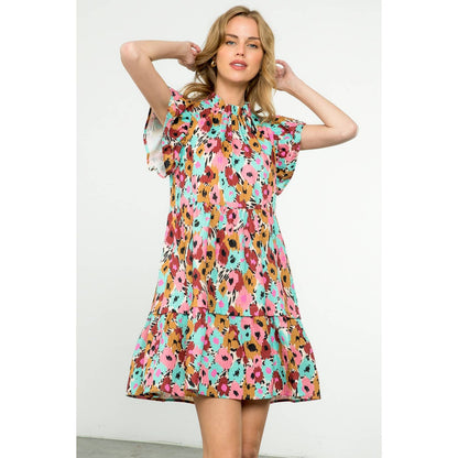 Flutter Sleeve Tiered Print Dress