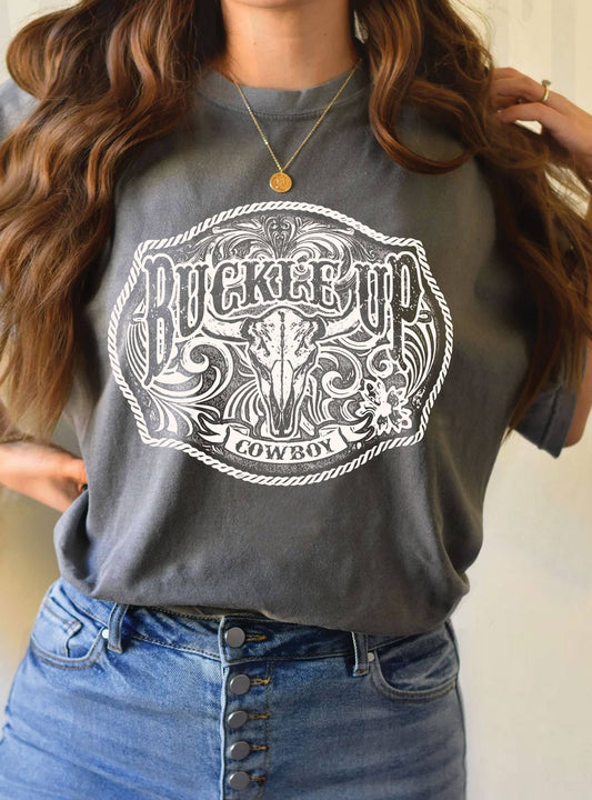 WESTERN BUCKLE UP COWBOY COW SKULL GRAPHIC TSHIRTS