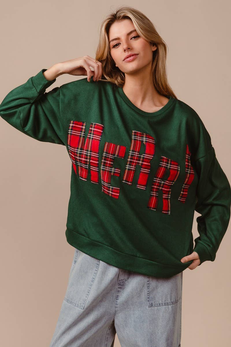 Plaid Merry Lettering Christmas Fleece Sweatshirt