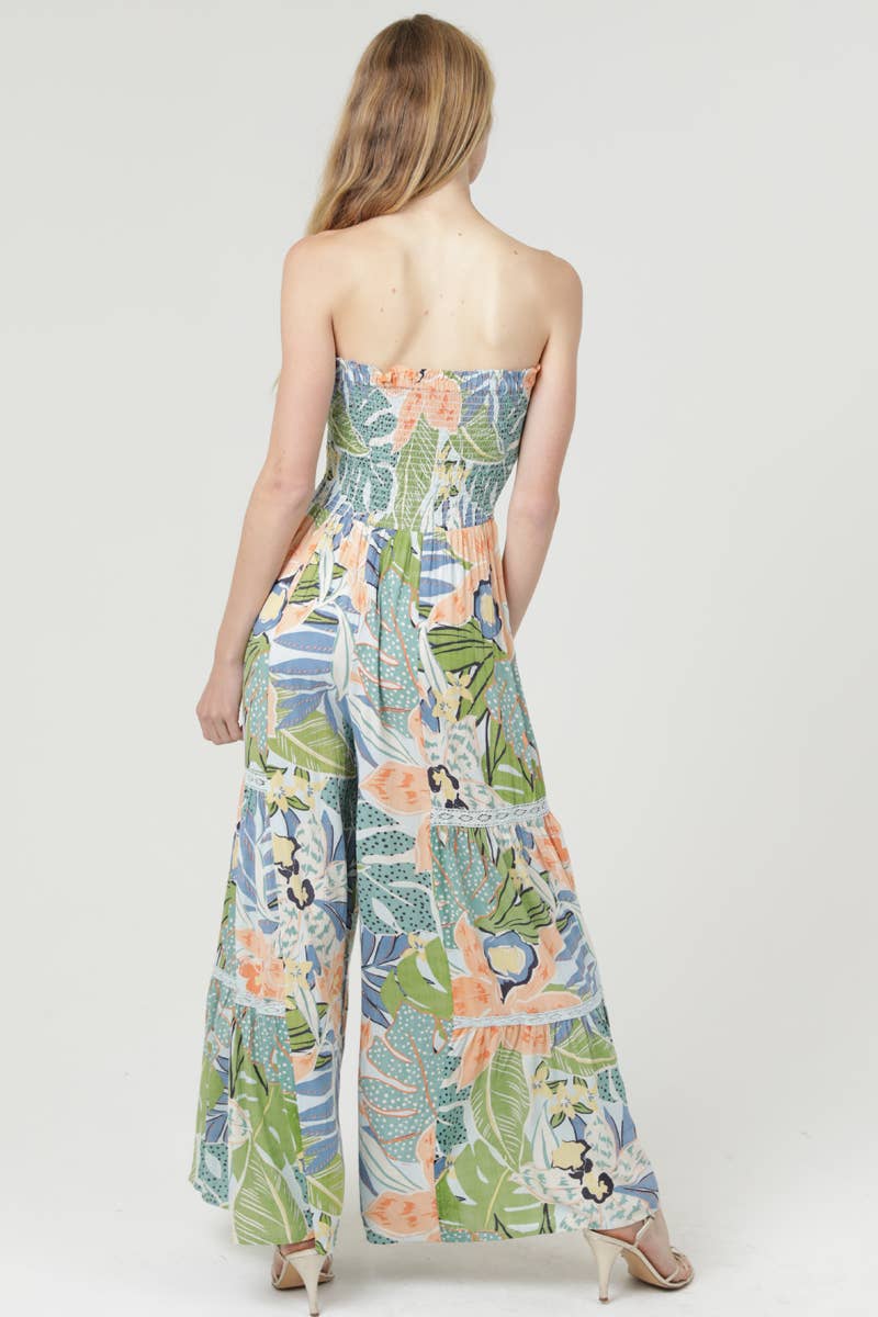 Smocked strapless wide-leg jumpsuit