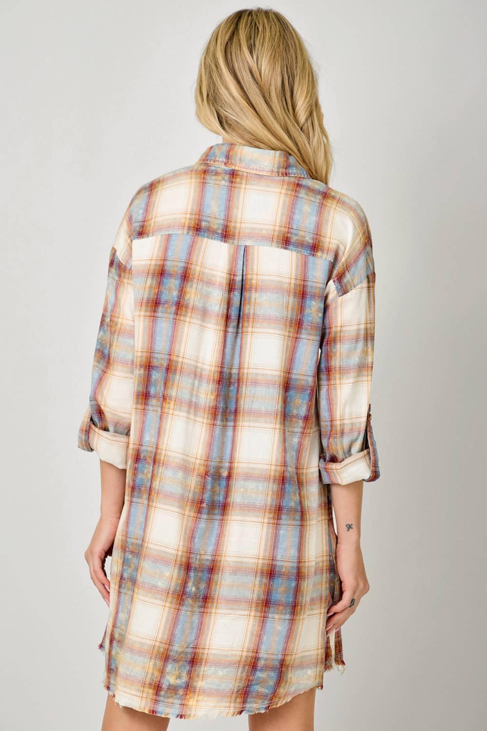 Washed Plaid Shirt Dress - Southern Sassy Boutique