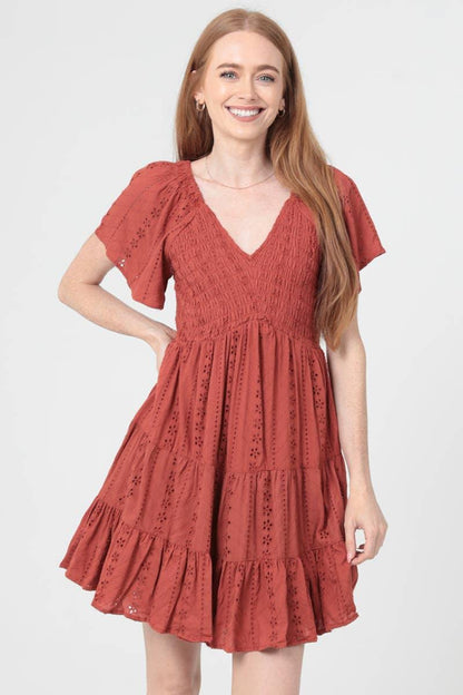 V NECK SMOCKED BODICE EYELET EMBROIDERED DRESS - Southern Sassy Boutique