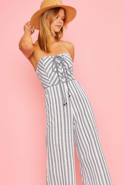 Strapless Front Cross Tie Stripe Jumpsuit