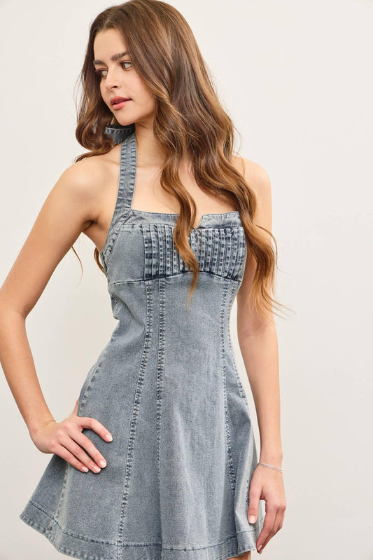 TIED HALTER NECK FLARE DENIM DRESS - Southern Sassy Boutique