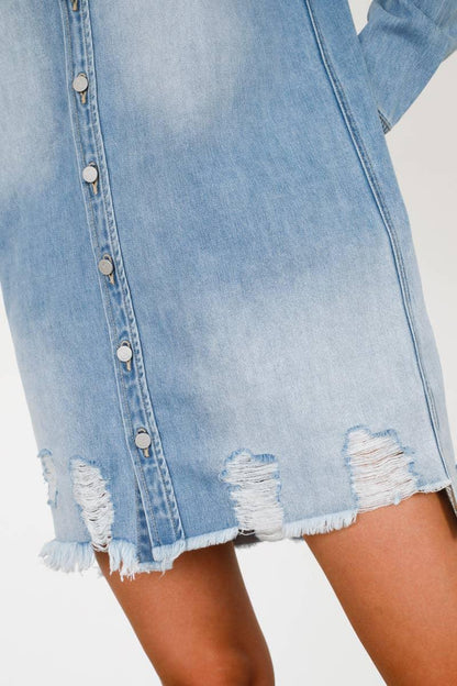 Ripped Raw Trim Denim Shirt Dress - Southern Sassy Boutique