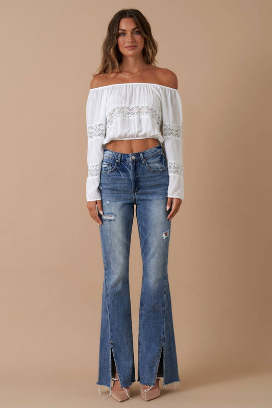 High Rise Front Slit Flare Distressed Denim