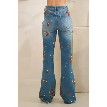 Washed Strawberry Embroidered Denim Pants - Southern Sassy Boutique