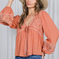 Eyelet Lace Tie Front V-Neck Long Puff Blouse Top