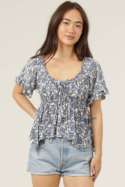 Hanky Hem Floral Ruffle Short Sleeve Top