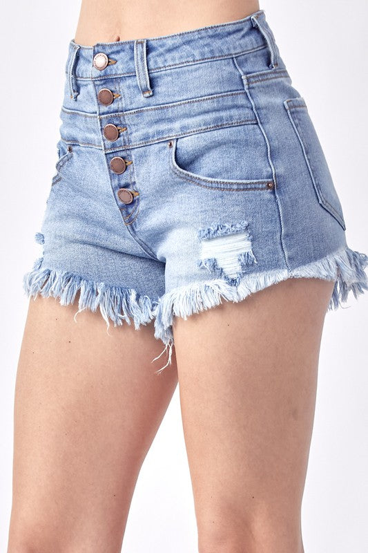 High Rise Button Fly Distressed Shorts