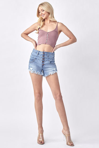 High Rise Button Fly Distressed Shorts