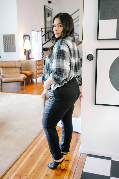 High Waisted Faux Leather & Denim Skinny