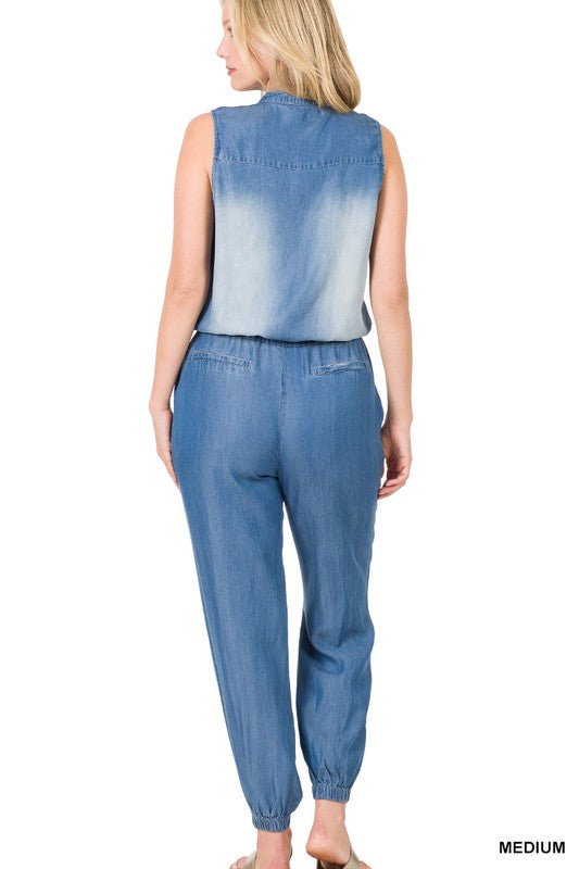 Chambray Sleeveless Jumpsuit