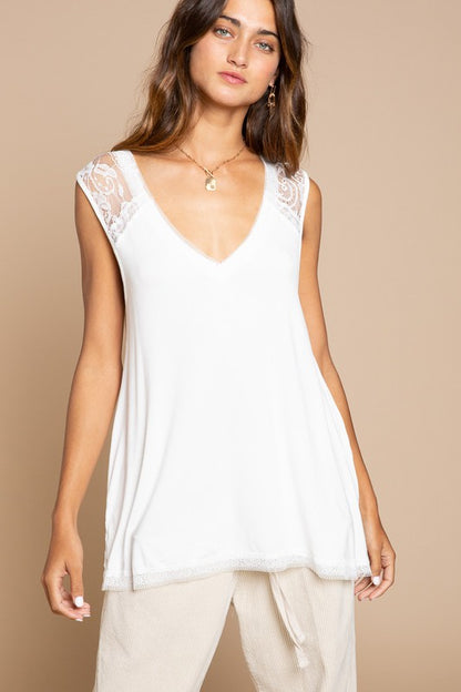 Short Sleeve Lace V-Neck Solid Top