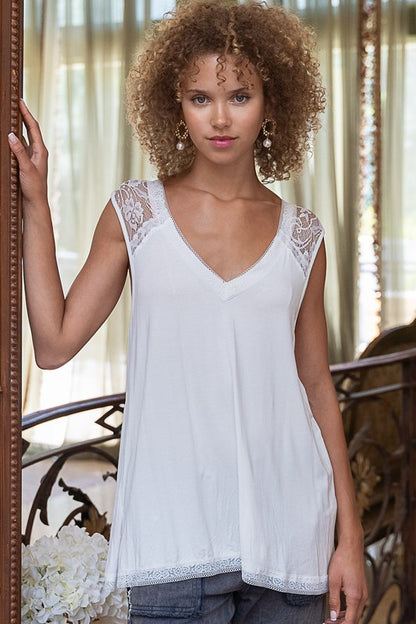 Short Sleeve Lace V-Neck Solid Top