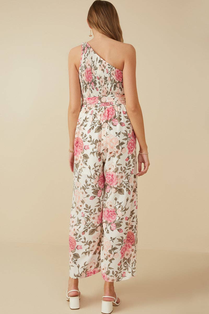 Romantic Floral Smocked One Shoulder Jumpsuit