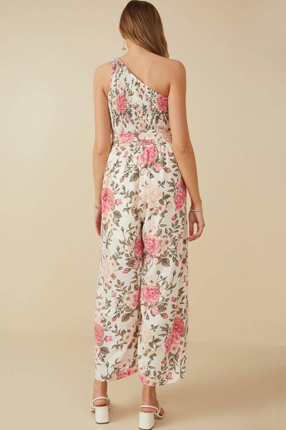 Romantic Floral Smocked One Shoulder Jumpsuit