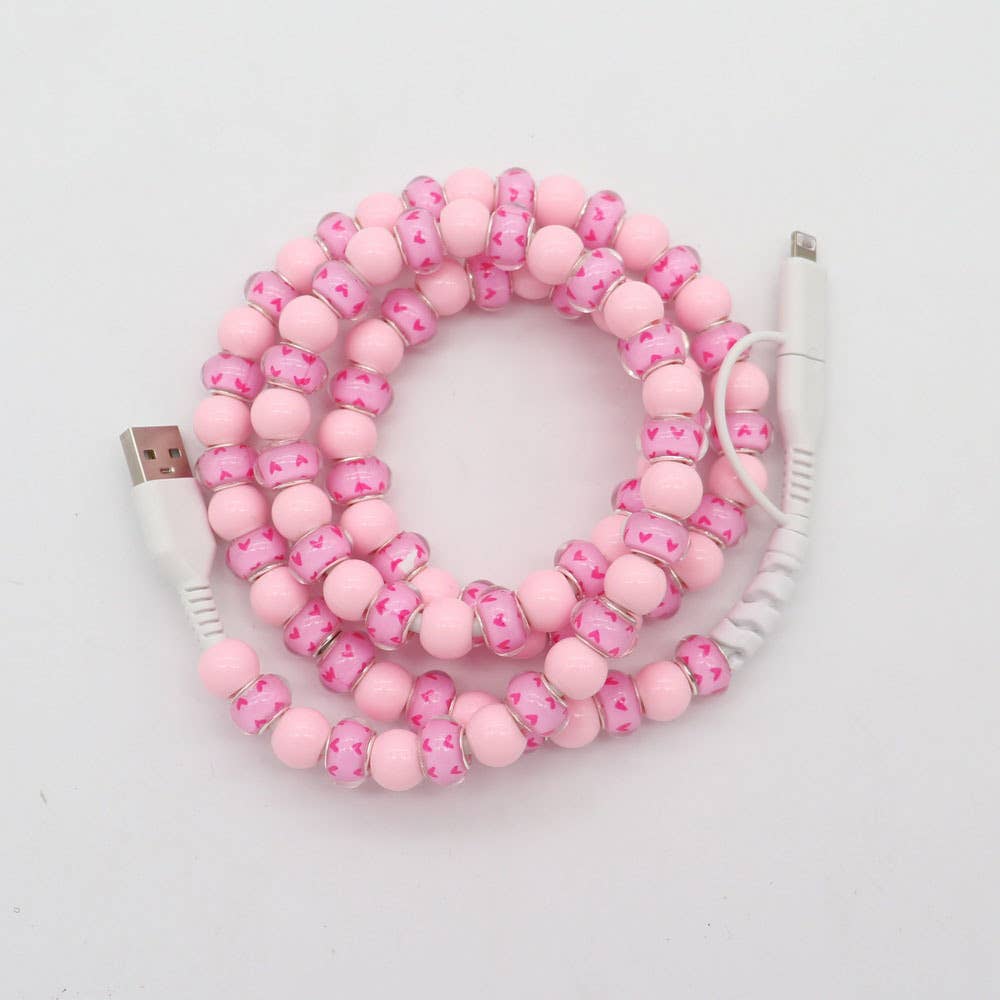 Pink heart & Floral & checker Beaded 2 in 1 Charging Cable