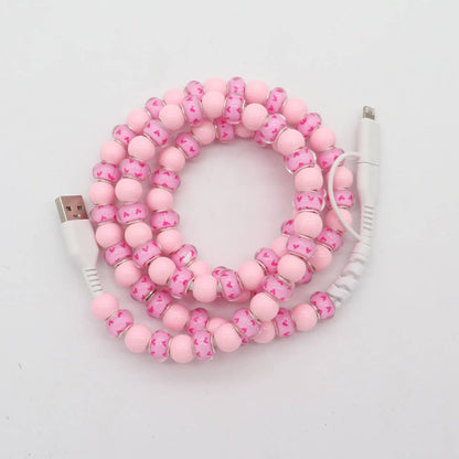 Pink heart & Floral & checker Beaded 2 in 1 Charging Cable