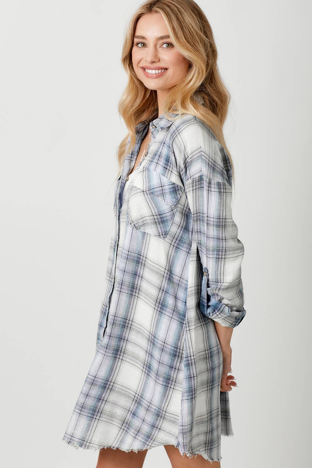 Washed Plaid Shirt Dress - Southern Sassy Boutique