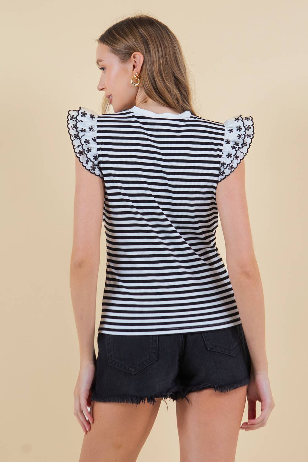 LACE RUFFLE CAP SLEEVE STRIPED RIB TOP - 44895T