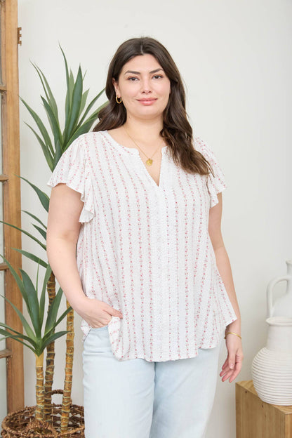 PLUS STRIPE FLORAL GARLAND RUFFLE SLEEVE TOP