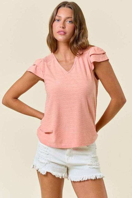 Ruffle Cap Sleeve Smocked Front Yoke Top - 45075T