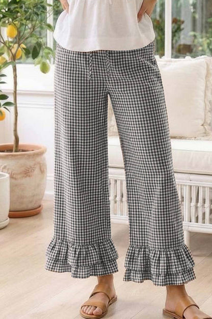 Gingham Casual Ruffled Hem Cropped Pants
