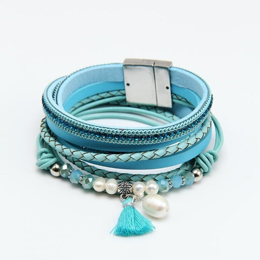 Beads and Pearls Leather Wrap Bracelet