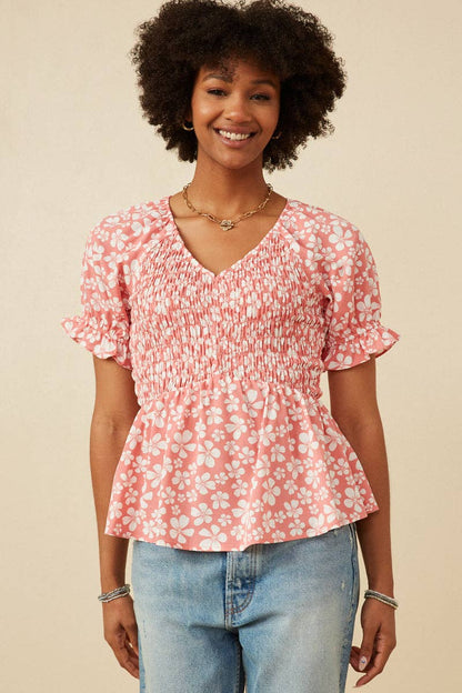 Floral Print V Neck Smocked Panel Top