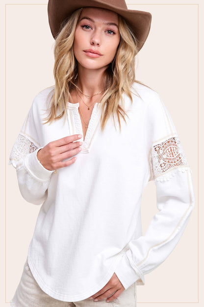 Embroidered Crochet V-neck Long Sleeve Top - Southern Sassy Boutique