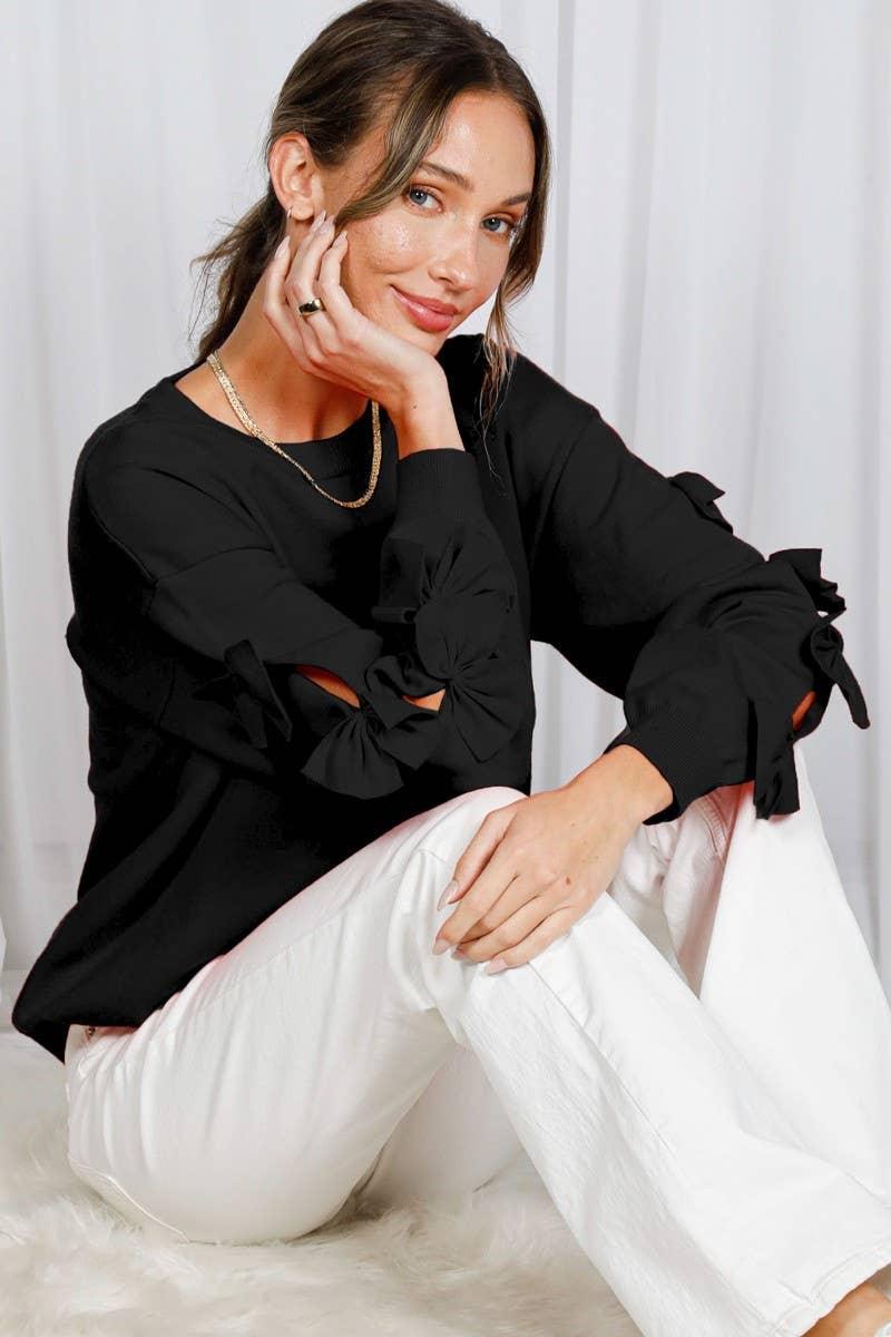 Bow Embellished Long-Sleeve Crew Neck Knit Sweater VT82605- - Southern Sassy Boutique
