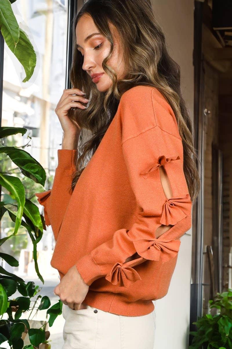 Bow Embellished Long-Sleeve Crew Neck Knit Sweater VT82605- - Southern Sassy Boutique