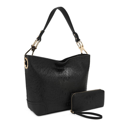 Ostrich & Croc Embossed Hobo Set w/ Wallet