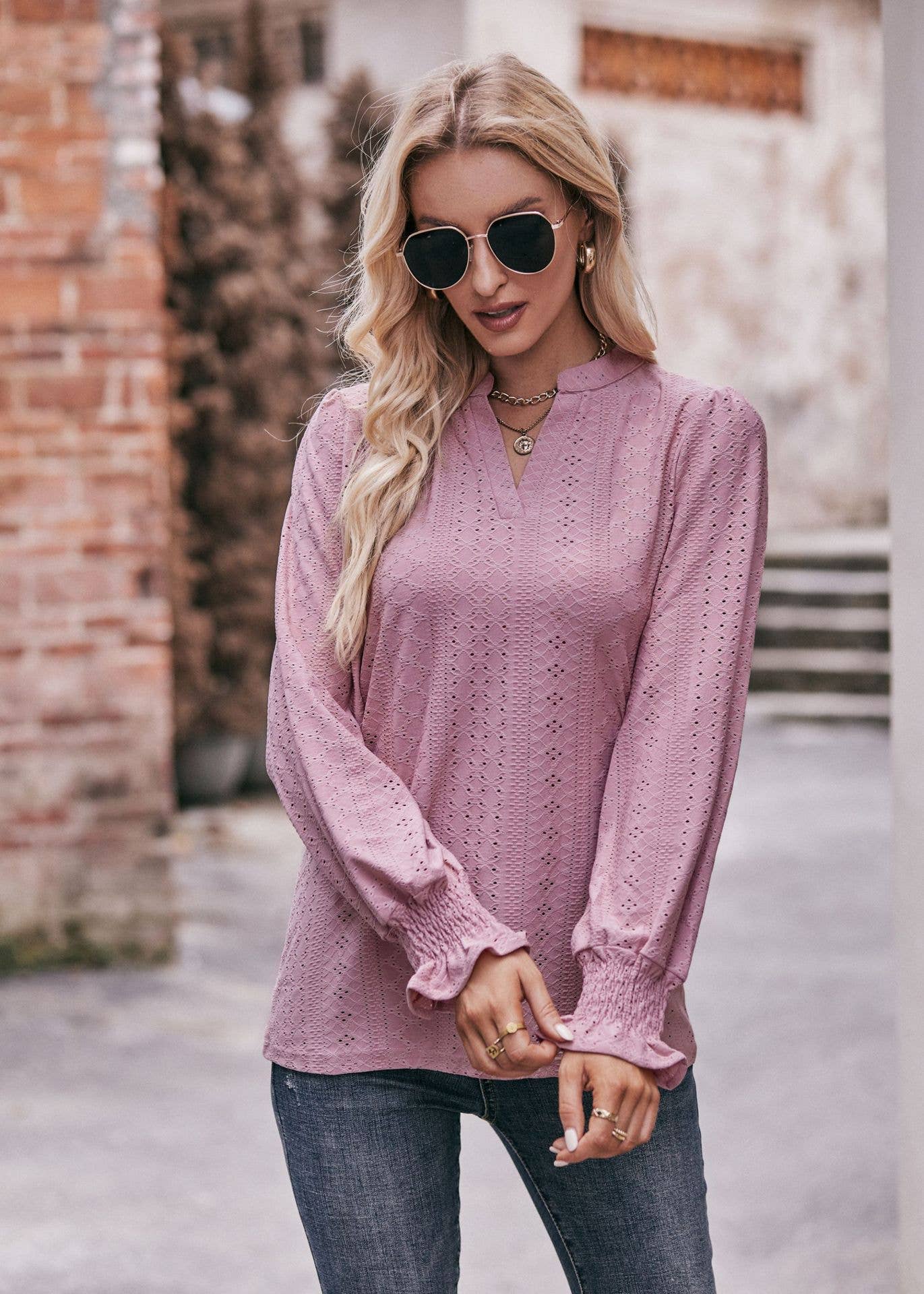 Pointelle Notch V Neck Long Sleeve Top