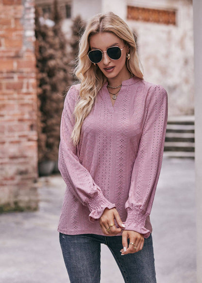 Pointelle Notch V Neck Long Sleeve Top