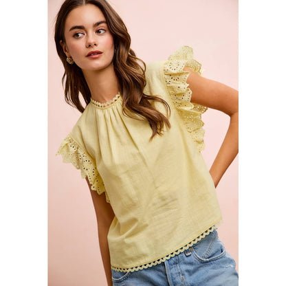 COTTON SOLID RUFFLE SLEEVE LACE DETAIL BLOUSE TOP