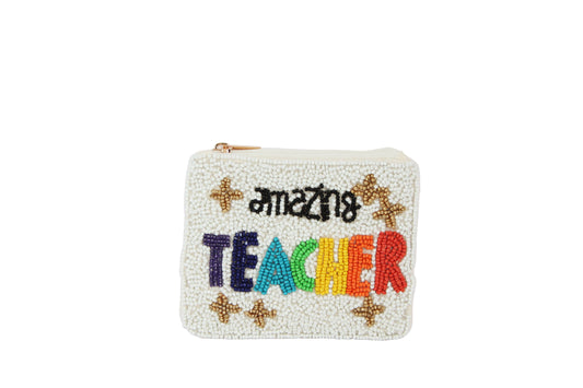 Ladies White Fully Beaded TEACHER Fashion Coin Purse